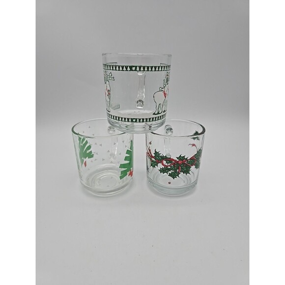 Lot of 3 Vintage Christmas Coffee Mugs Anchor Hocking & Luminarc Clear Glass - Picture 2 of 11